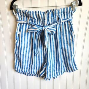 FAHERTY Blue White Striped 100% Linen Paperbag Waist Tie Euro Summer Shorts S